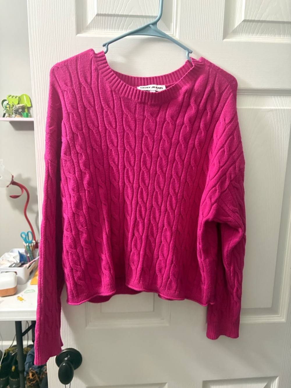 DKNY Cable Knit Crewneck Sweater in Bright Pink